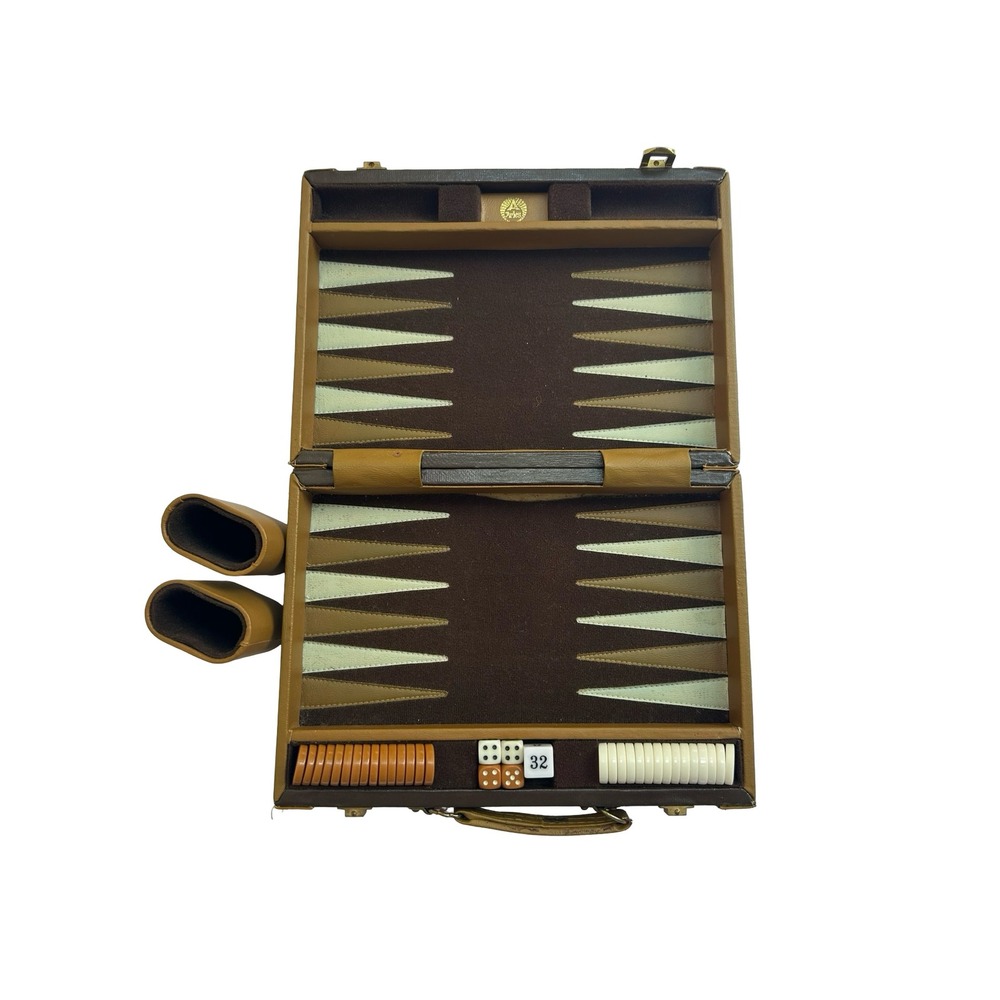 Vintage Aries Backgammon Set Faux Leather Briefcase Game Brown Tan Retro